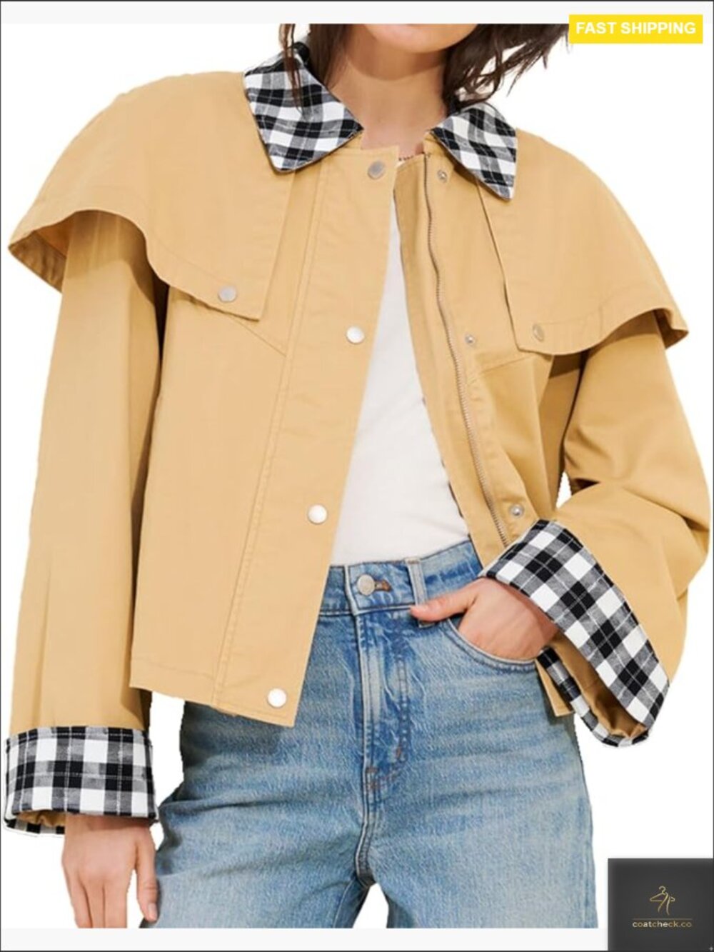 Lightweight Cropped Cape Jacket Snap Button Casual Trench Coat